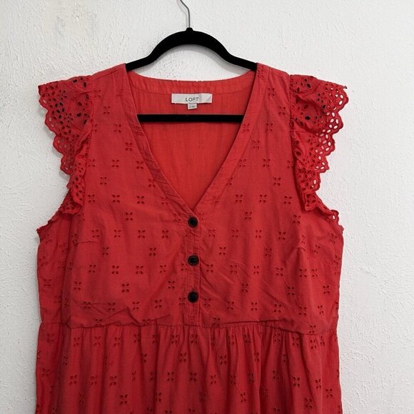 LOFT Coral Embroidered Eyelet Flutter Sleeve Tiered Ruffle Shift Dress Size 12 - Picture 3 of 13